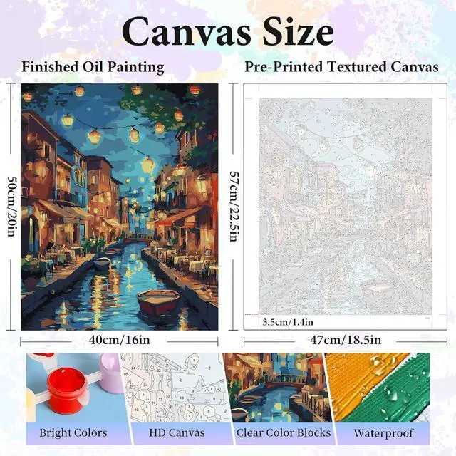 Alt view image 3 of 7 - Paint by Numbers Kit for Adults, Venice Night Number Painting Canvas Kit | DIY Acrylic Painting Set for Beginners, Stress Relief Relaxing Craft, Home Wall Decor, Holiday Gift for Adults, 16x20 Inch