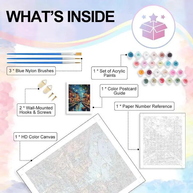 Alt view image 4 of 7 - Paint by Numbers Kit for Adults, Venice Night Number Painting Canvas Kit | DIY Acrylic Painting Set for Beginners, Stress Relief Relaxing Craft, Home Wall Decor, Holiday Gift for Adults, 16x20 Inch