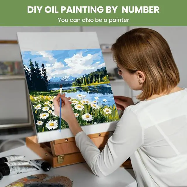 Alt view image 4 of 7 - QENSPE Paint by Numbers Kit for Adults, DIY White Daisy Paint by Number Kits on Canvas, Landscape Adult Painting by Numbers, Arcylic Oil Painting for Home Wall Decor Gifts Without Frame 16x16 Inch