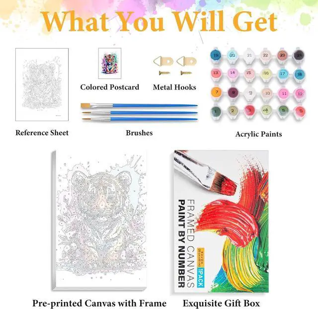 Alt view image 5 of 7 - Framed Paint by Numbers Kit for Adults, Tiger & Flower Decor 8x12 Inch | Paint by Number with Frame, DIY Acrylic Painting Kit for Relaxation, Easy for Beginners, Wall Decor Gift for Animal Lovers