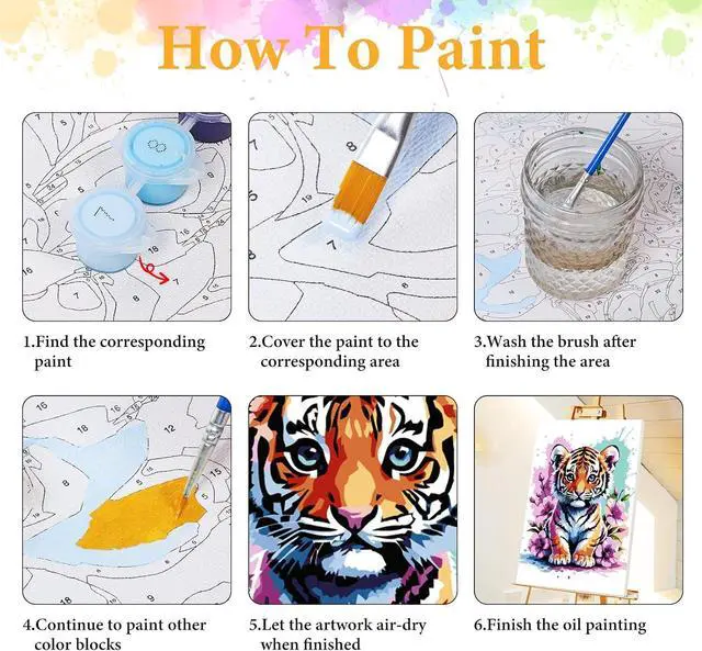Alt view image 6 of 7 - Framed Paint by Numbers Kit for Adults, Tiger & Flower Decor 8x12 Inch | Paint by Number with Frame, DIY Acrylic Painting Kit for Relaxation, Easy for Beginners, Wall Decor Gift for Animal Lovers