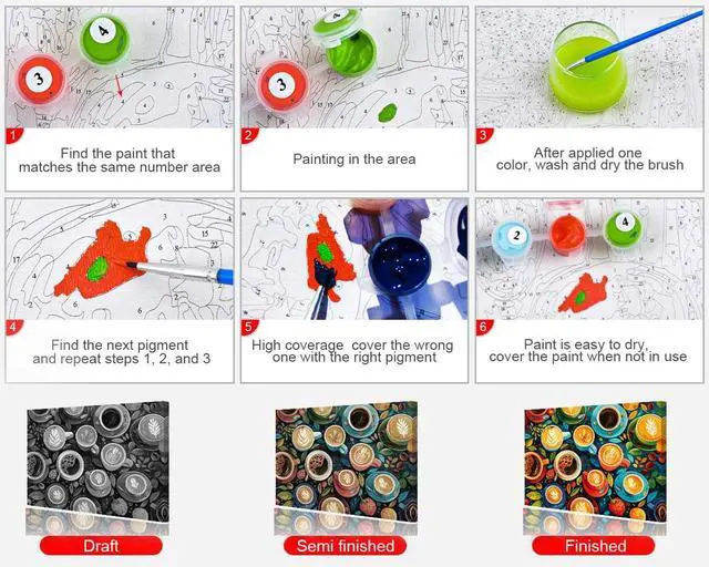 Alt view image 6 of 7 - TUMOVO Paint by Numbers for Adults, Vibrant Coffee Cups Beans Decor | Coffee Lover DIY Craft, Adult Paint by Number Kits for Beginners, Proudly Display Creation, Paint Set, 16x20 Inches.