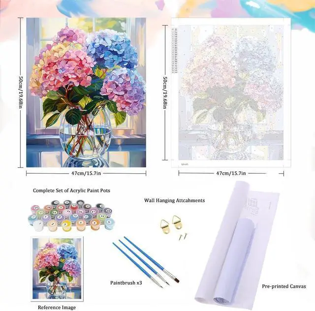 Alt view image 5 of 7 - Natuyalo Paint by Numbers Kit for Adults Beginners and Kids, 16" Wx20 L Canvas Pictures Drawing Acrylic Paintwork with 3 Pcs Paintbrushes, Colorful Flowers in Vase