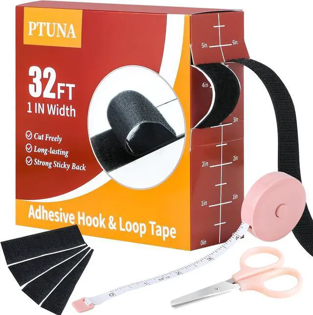 Main image of PTUNA 32Ft *1 Inch Hook and Loop Tape with Adhesive Back,Black | Heavy Duty Double Sided Adhesive Strips, Strong Sticky Strips Roll for Home/Office/School/Car