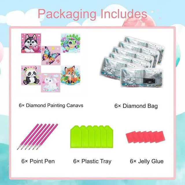 Alt view image 5 of 7 - 5DDIYART 6 Pack Small Diamond Painting Kits for Kids Beginners | 5D Gem Art by Number for Children Ages 6-8-12,Cute Animal Dog Fun DIY Dot Painting Set,Home Wall Decor 6x6 Inch