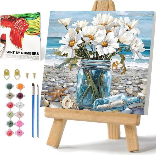 Main image of Flowers Paint by Numbers Kit for Adults Beginner, Paint by Numbers 10x10 in | Daisy Framed Paint by Numbers with Easel, Acrylic Painting by Numbers, DIY Arts and Crafts for Gifts or Home Decor