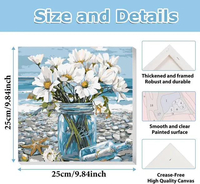 Alt view image 3 of 7 - Flowers Paint by Numbers Kit for Adults Beginner, Paint by Numbers 10x10 in | Daisy Framed Paint by Numbers with Easel, Acrylic Painting by Numbers, DIY Arts and Crafts for Gifts or Home Decor