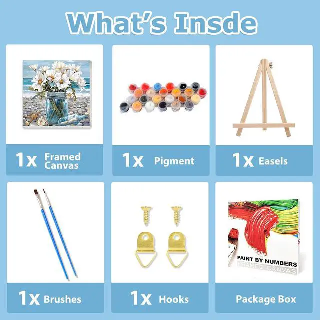 Alt view image 4 of 7 - Flowers Paint by Numbers Kit for Adults Beginner, Paint by Numbers 10x10 in | Daisy Framed Paint by Numbers with Easel, Acrylic Painting by Numbers, DIY Arts and Crafts for Gifts or Home Decor