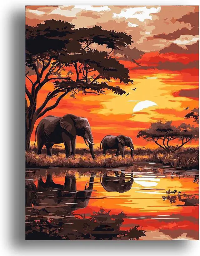 Main image of Zariocy Paint by Numbers Kits for Adults - Elephant DIY Oil Paintings Canvas Acrylic Paint Set - Sunset Landscape Paint by Numbers Kit for Beginners and Ideal for Home Decor 16x20 inch