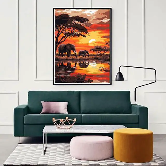 Alt view image 3 of 7 - Zariocy Paint by Numbers Kits for Adults - Elephant DIY Oil Paintings Canvas Acrylic Paint Set - Sunset Landscape Paint by Numbers Kit for Beginners and Ideal for Home Decor 16x20 inch