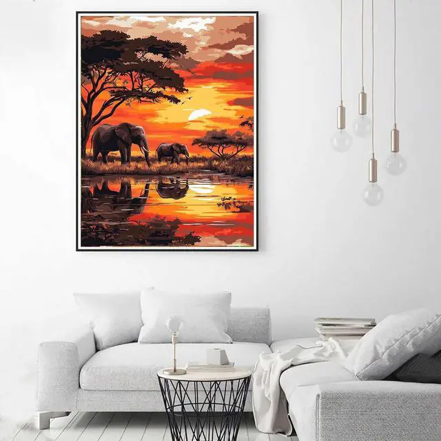 Alt view image 4 of 7 - Zariocy Paint by Numbers Kits for Adults - Elephant DIY Oil Paintings Canvas Acrylic Paint Set - Sunset Landscape Paint by Numbers Kit for Beginners and Ideal for Home Decor 16x20 inch