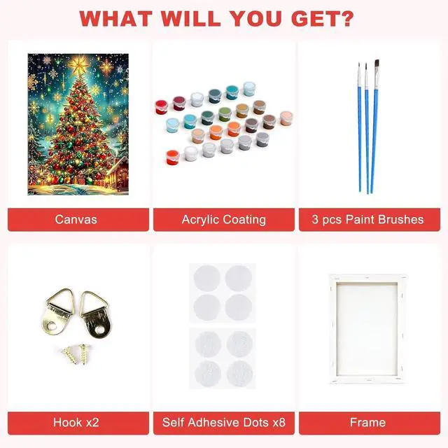 Alt view image 5 of 7 - SENQAO Christmas Paint by Numbers for Adults Framed, Christmas Tree Adults' Paint-by-Number Kits, Adult Paint by Number Kits on Canvas, Acrylic Number Painting for Home Decor, 8x12inch