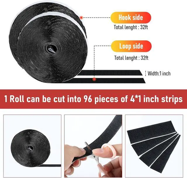 Alt view image 2 of 7 - PTUNA 32Ft *1 Inch Hook and Loop Tape with Adhesive Back,Black | Heavy Duty Double Sided Adhesive Strips, Strong Sticky Strips Roll for Home/Office/School/Car