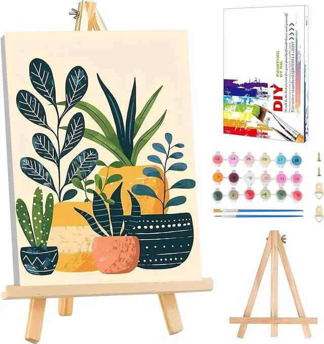 Main image of Plants Paint by Numbers Kit for Adults Beginner - Wooden Easel, Green Plant Paint by Numbers with Frame, Adult Painting by Number Kits on Canvas, Easy Oil Painting Arts Gift Wall Decor 8x12inch