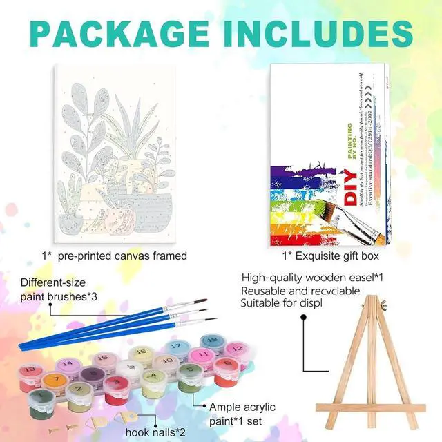 Alt view image 3 of 7 - Plants Paint by Numbers Kit for Adults Beginner - Wooden Easel, Green Plant Paint by Numbers with Frame, Adult Painting by Number Kits on Canvas, Easy Oil Painting Arts Gift Wall Decor 8x12inch