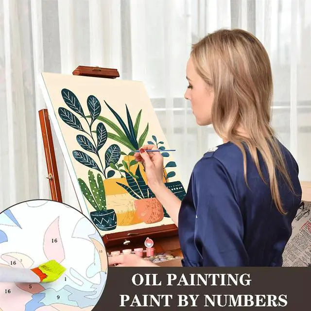 Alt view image 7 of 7 - Plants Paint by Numbers Kit for Adults Beginner - Wooden Easel, Green Plant Paint by Numbers with Frame, Adult Painting by Number Kits on Canvas, Easy Oil Painting Arts Gift Wall Decor 8x12inch