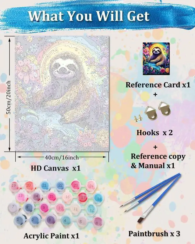 Alt view image 3 of 7 - TOCARE Sloth Paint by Numbers Kit for Adults, Sloth Paint by Number Canvas Kit for Kid, Acrylic Adults' Paint-by-Number Kits for Animals Lovers 16x20inch (Without Framed)