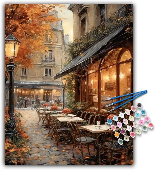 Main image of Paint by Numbers Kit for Adults, Street Cafe Acrylic Canvas Painting Set | 16x20 Inch, DIY Number Painting Craft Kit for Adults Beginners, Home Wall Decor, Stress Relief Relaxing Hobby Gift