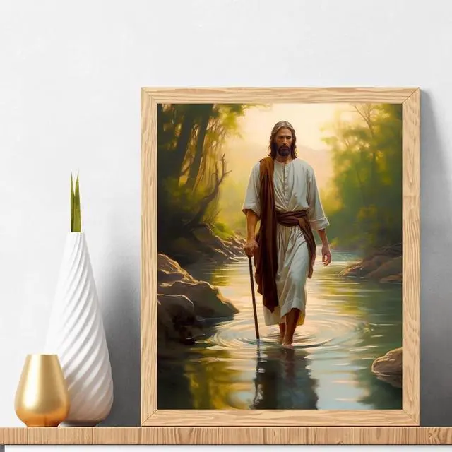 Alt view image 2 of 7 - Natuyalo Paint by Numbers Kit for Adults Beginners and Kids, 16" Wx20 L Canvas Pictures Drawing Acrylic Paintwork with 3 Pcs Paintbrushes, Jesus Walking in the Rriver