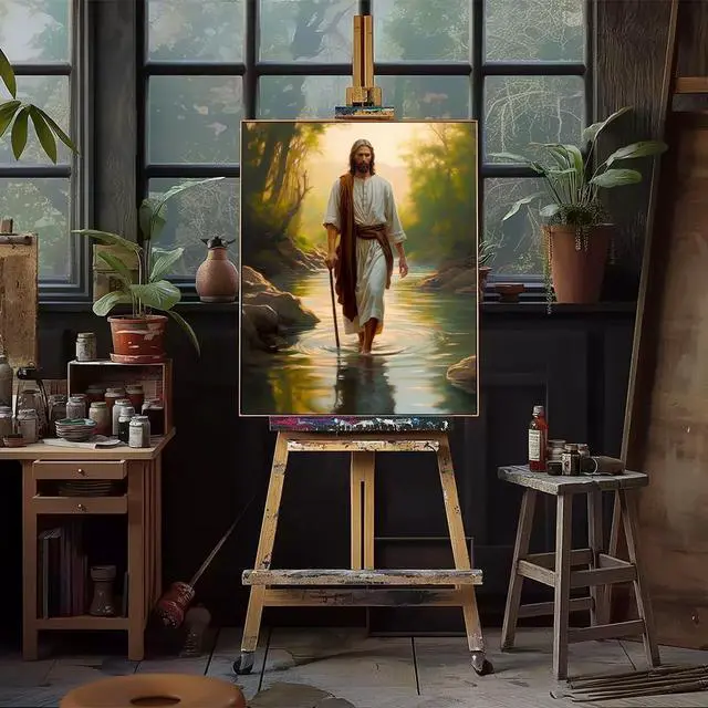 Alt view image 4 of 7 - Natuyalo Paint by Numbers Kit for Adults Beginners and Kids, 16" Wx20 L Canvas Pictures Drawing Acrylic Paintwork with 3 Pcs Paintbrushes, Jesus Walking in the Rriver