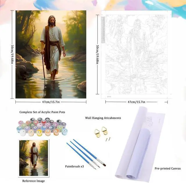 Alt view image 5 of 7 - Natuyalo Paint by Numbers Kit for Adults Beginners and Kids, 16" Wx20 L Canvas Pictures Drawing Acrylic Paintwork with 3 Pcs Paintbrushes, Jesus Walking in the Rriver