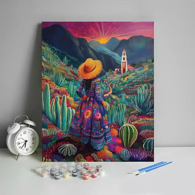 Main image of HULDFRDA Adult Paint by Number Kits on Canvas, Mexican Woman Paint by Numbers Kit, Mexican Cactus Painting by Numbers for Adults,Color by Numbers Canvas Art Decor, 16 x20 Inch