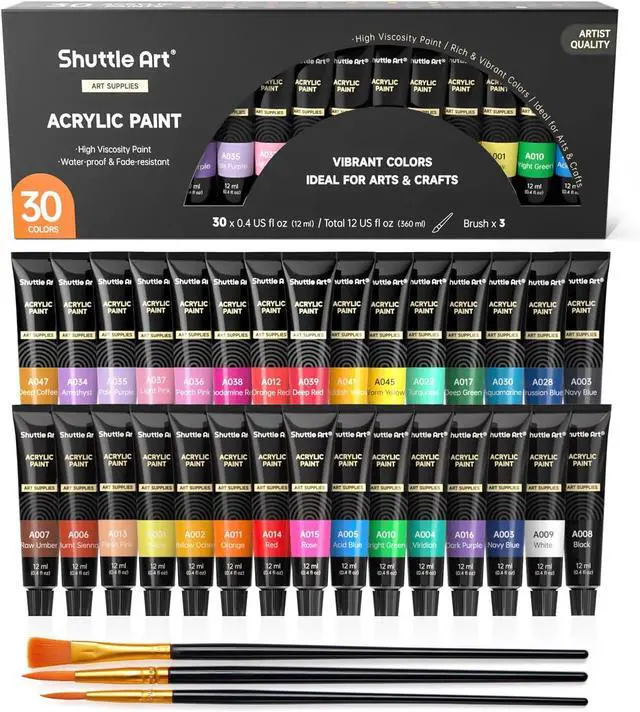 Main image of Shuttle Art Acrylic Paint Set, 30 x12ml Tubes Artist Quality Non Toxic Rich Pigments Colors Great for Kids Adults Professional Painting on Rocks Canvas Wood Clay Fabric Ceramic Crafts