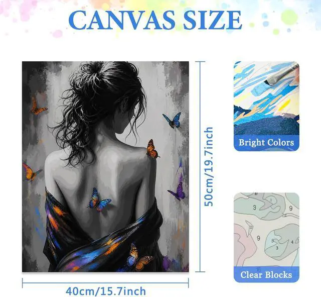 Alt view image 2 of 7 - MIRCVSH People Paint by Numbers Kit for Adults,Girl's Back Paint by Number Kits for Adults Beginner,DIY Unframed Girl and Butterfly Watercolor Oil Painting Kits for Home Wall Decor 16x20 Inch.