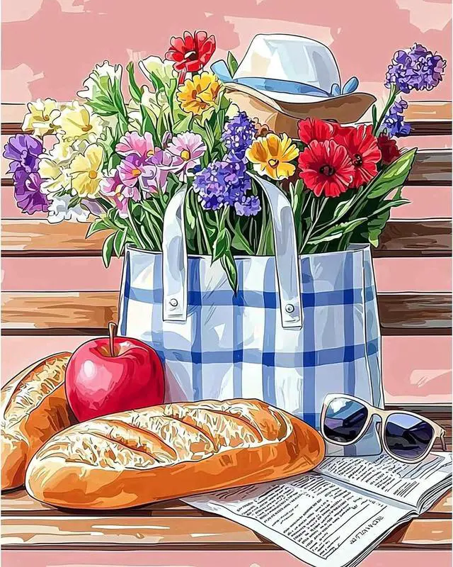 Main image of RICUVED Flowers Paint by Numbers for Adults, Bench Paint by Numbers Kit for Adults Beginners, Bread DIY Acrylic Pink Oil Painting on Canvas Easy for Gift Home Wall Decor 16x20 Inch