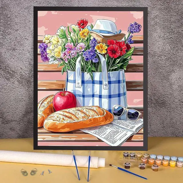 Alt view image 2 of 7 - RICUVED Flowers Paint by Numbers for Adults, Bench Paint by Numbers Kit for Adults Beginners, Bread DIY Acrylic Pink Oil Painting on Canvas Easy for Gift Home Wall Decor 16x20 Inch
