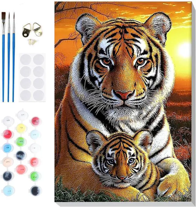 Main image of Bowetile Framed Paint by Numbers Tiger for Adults Beginners, Adults' Paint-by-Number Tiger Kits, Easy Adult Paint by Number Kits on Canvas, Acrylic Animals Number Painting for Home Decor, 8x12in