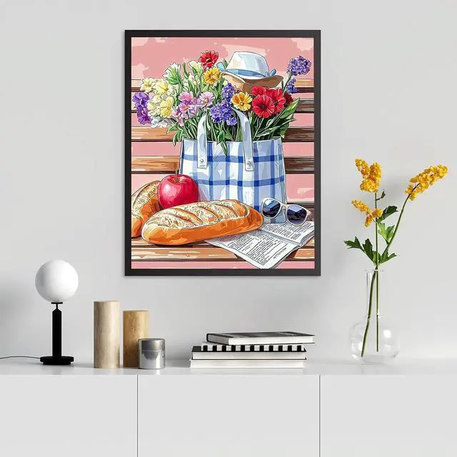 Alt view image 6 of 7 - RICUVED Flowers Paint by Numbers for Adults, Bench Paint by Numbers Kit for Adults Beginners, Bread DIY Acrylic Pink Oil Painting on Canvas Easy for Gift Home Wall Decor 16x20 Inch