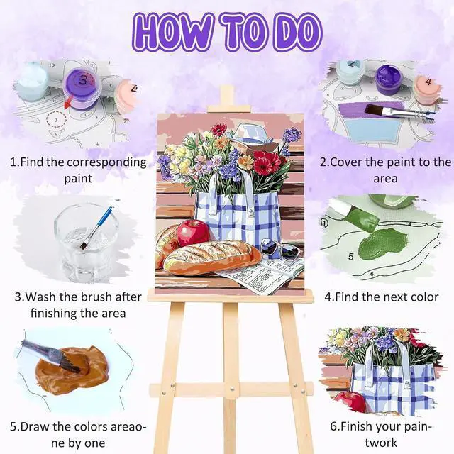 Alt view image 5 of 7 - RICUVED Flowers Paint by Numbers for Adults, Bench Paint by Numbers Kit for Adults Beginners, Bread DIY Acrylic Pink Oil Painting on Canvas Easy for Gift Home Wall Decor 16x20 Inch