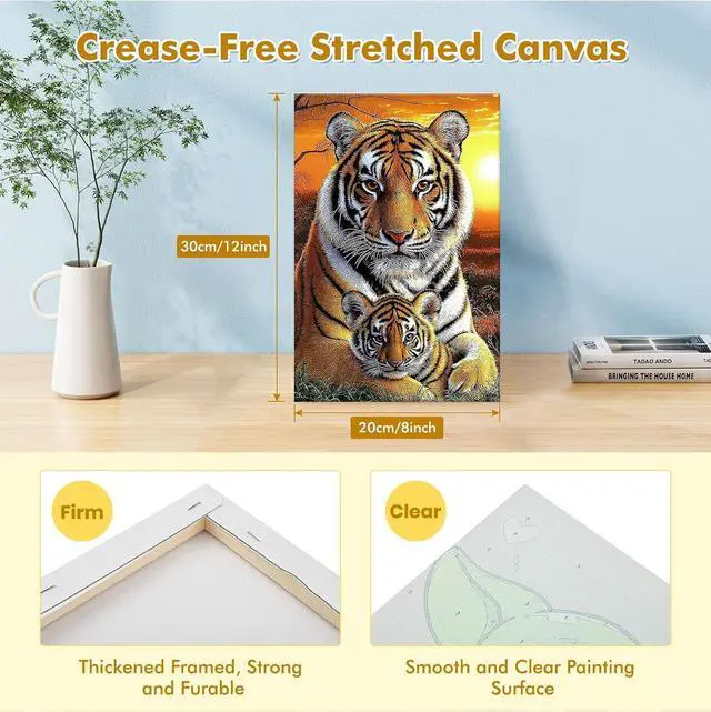 Alt view image 3 of 7 - Bowetile Framed Paint by Numbers Tiger for Adults Beginners, Adults' Paint-by-Number Tiger Kits, Easy Adult Paint by Number Kits on Canvas, Acrylic Animals Number Painting for Home Decor, 8x12in