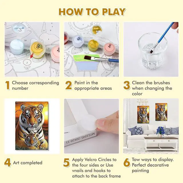 Alt view image 7 of 7 - Bowetile Framed Paint by Numbers Tiger for Adults Beginners, Adults' Paint-by-Number Tiger Kits, Easy Adult Paint by Number Kits on Canvas, Acrylic Animals Number Painting for Home Decor, 8x12in