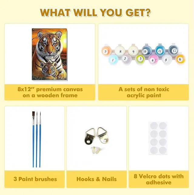 Alt view image 6 of 7 - Bowetile Framed Paint by Numbers Tiger for Adults Beginners, Adults' Paint-by-Number Tiger Kits, Easy Adult Paint by Number Kits on Canvas, Acrylic Animals Number Painting for Home Decor, 8x12in