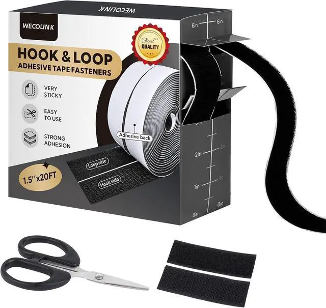 Main image of 20Ft x 1.5 Inch Hook and Loop Tape Strips with Adhesive, Heavy Duty Sticky Back Nylon Strips for Home, Office, School, Crafting & DIY Projects, Double Sided Strips - Adhesive Fastening Tape
