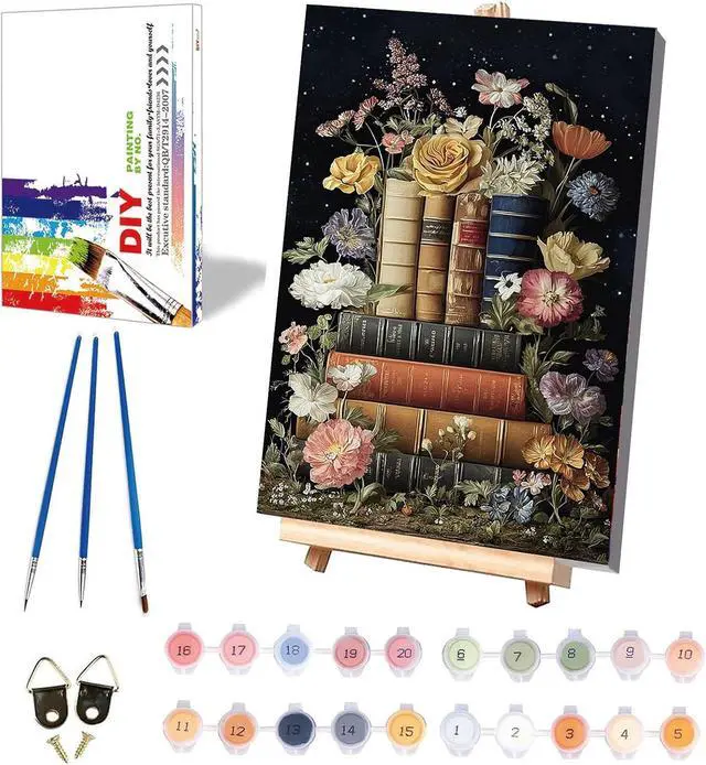 Main image of xackcme Book Paint by Numbers for Adults with Framed Canvas 8x12 inch | Flowers Paint by Number on Canvas, DIY Books Acrylic Oil Painting Kits with Brushes Wooden Easel for Home Wall Decor