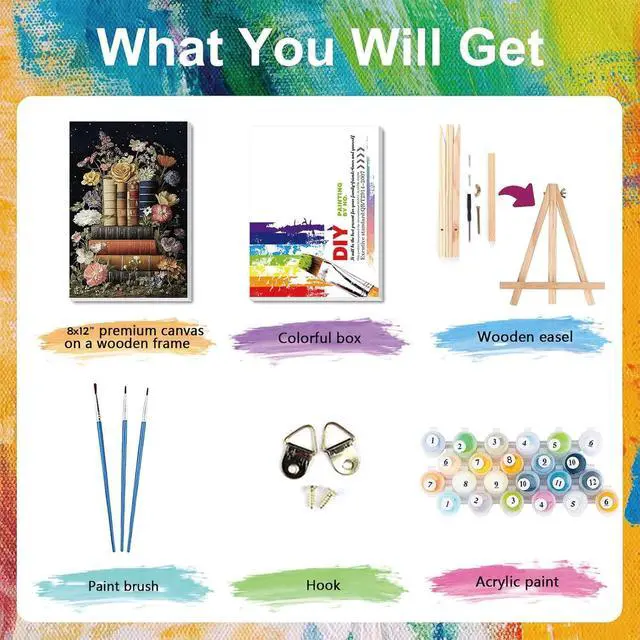 Alt view image 4 of 7 - xackcme Book Paint by Numbers for Adults with Framed Canvas 8x12 inch | Flowers Paint by Number on Canvas, DIY Books Acrylic Oil Painting Kits with Brushes Wooden Easel for Home Wall Decor