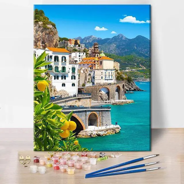 Main image of TUMOVO Amalfi Coast Paint by Numbers for Adults Beach Scene Kit | Amalfi Coast 16x20 inch canvas kit, paint by numbers for adults. Beautiful Italian coastal scenery, relaxing hobby