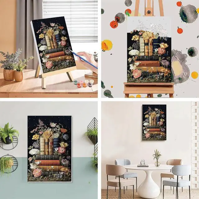 Alt view image 3 of 7 - xackcme Book Paint by Numbers for Adults with Framed Canvas 8x12 inch | Flowers Paint by Number on Canvas, DIY Books Acrylic Oil Painting Kits with Brushes Wooden Easel for Home Wall Decor