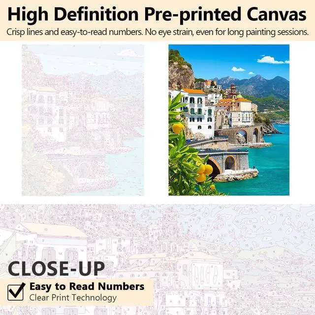 Alt view image 3 of 7 - TUMOVO Amalfi Coast Paint by Numbers for Adults Beach Scene Kit | Amalfi Coast 16x20 inch canvas kit, paint by numbers for adults. Beautiful Italian coastal scenery, relaxing hobby