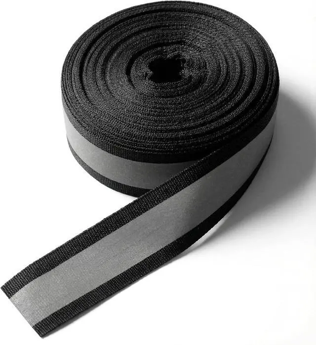 Main image of 1 X 50 Ft Reflective Ribbon, Sew on Black Reflective Tape for Clothing High Visibility Nylon Silver Florescent Safety Webbing for Warning Safety Strip Trim Deco on Vest Bag Pants Shoes Pet Wears