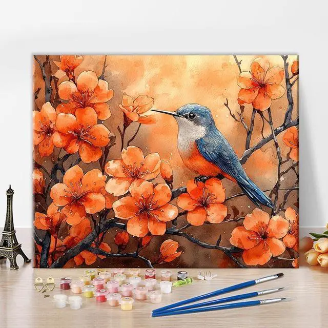 Main image of TUMOVO Bird Paint by Number Kit for Adults Bird with Blooming Flowers | bird with flowers art on 16x20 inch unframed canvas with acrylic paints and 3 brushes, relaxing DIY craft and wall decor.