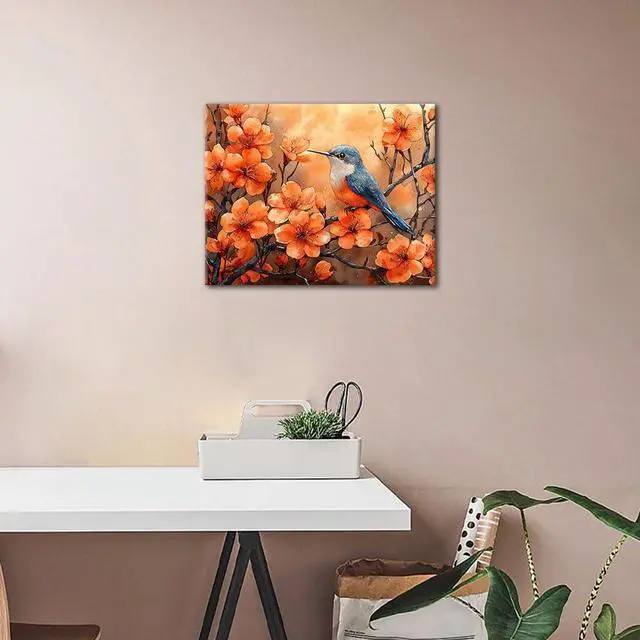 Alt view image 2 of 7 - TUMOVO Bird Paint by Number Kit for Adults Bird with Blooming Flowers | bird with flowers art on 16x20 inch unframed canvas with acrylic paints and 3 brushes, relaxing DIY craft and wall decor.