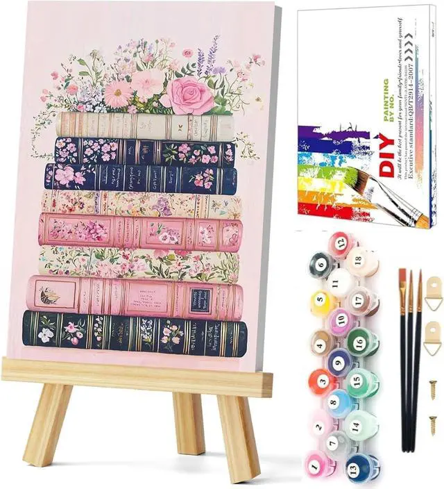 Main image of Gemozaic Book Framed Paint by Numbers Kit for Adults with Easel, 8x12 in | Floral Books Paint by Number for Adults, Small DIY Acrylic Pink Numbers Painting on Framed Canvas for Home, Wall Decor, Gift
