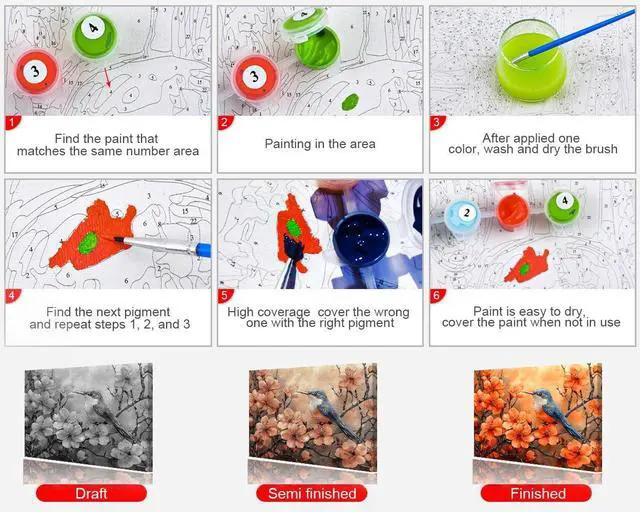 Alt view image 6 of 7 - TUMOVO Bird Paint by Number Kit for Adults Bird with Blooming Flowers | bird with flowers art on 16x20 inch unframed canvas with acrylic paints and 3 brushes, relaxing DIY craft and wall decor.