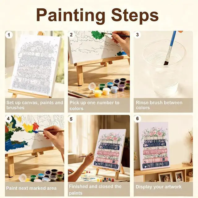 Alt view image 5 of 7 - Gemozaic Book Framed Paint by Numbers Kit for Adults with Easel, 8x12 in | Floral Books Paint by Number for Adults, Small DIY Acrylic Pink Numbers Painting on Framed Canvas for Home, Wall Decor, Gift