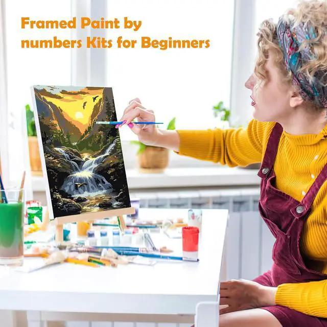 Alt view image 4 of 7 - MOGTAA Landscape Paint by Numbers Kit for Adults Beginners with Frame, Sunset Adult Paint by Number Kits on Canvas with Easel, Easy DIY Oil Painting Kits for Home Decor, 8x12in