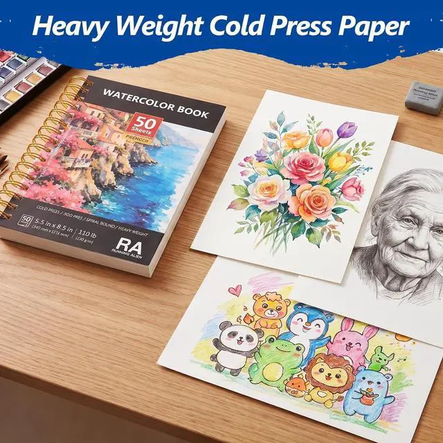 Alt view image 4 of 7 - 50 Sheets Watercolor Paper Pad,8.5"X5.5" Water Color Paper,110lb/230gsm Painting Drawing Paper Book,Cold Press Watercolor Sketchbook,Art Supplies for Adults & Students to Practice